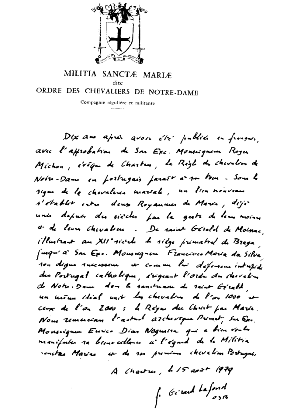 Mensagem de Don Gerard Lafond, fundador da Militia Sanctæ Mariæ por ocasião da Tradução para português da Regra da MSM, 11 de agosto de 1979